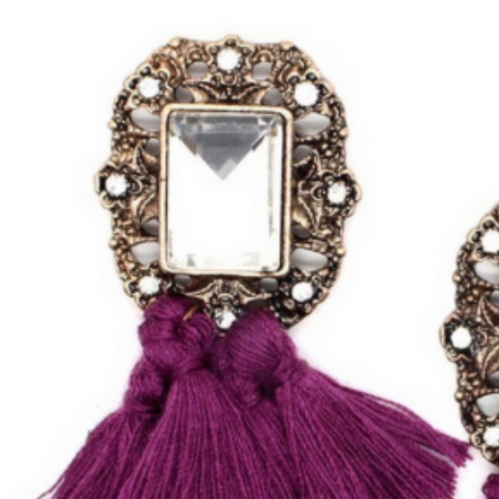 Purple Fringe Tassel Gemstone Stud Dangle Earrings - Picture 5 of 7